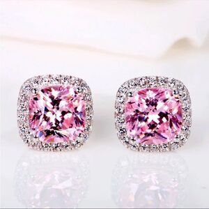 925 Sterling Silver Pink Topaz Halo Silver Luxury Earrings New in Gift Box